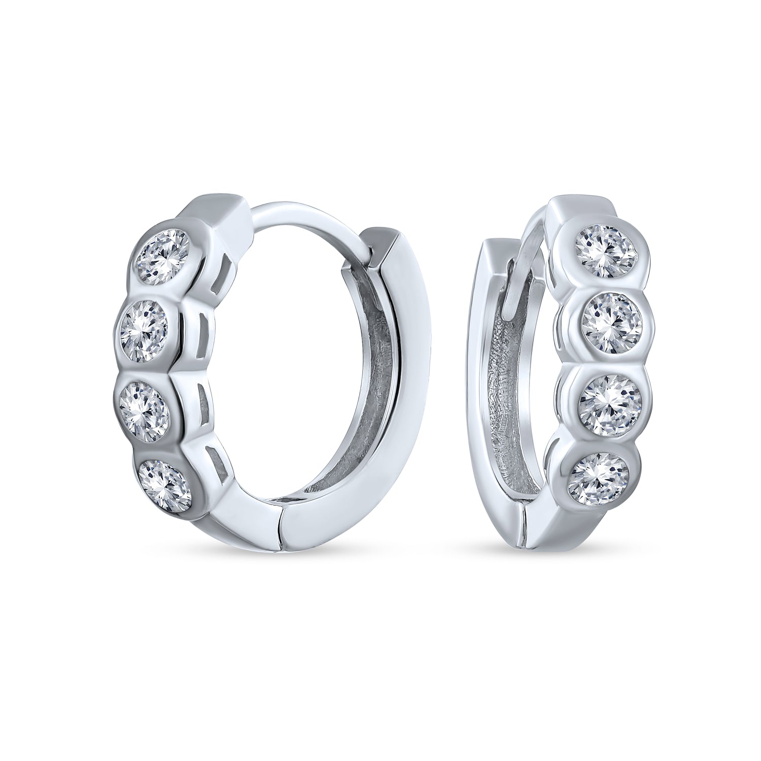 silver-earrings-hoop-dangle_sls-30e1829_1 Classic Dainty Round CZ Hoop Earrings Bezel Set Solitaire Silver Huggies - Image 1