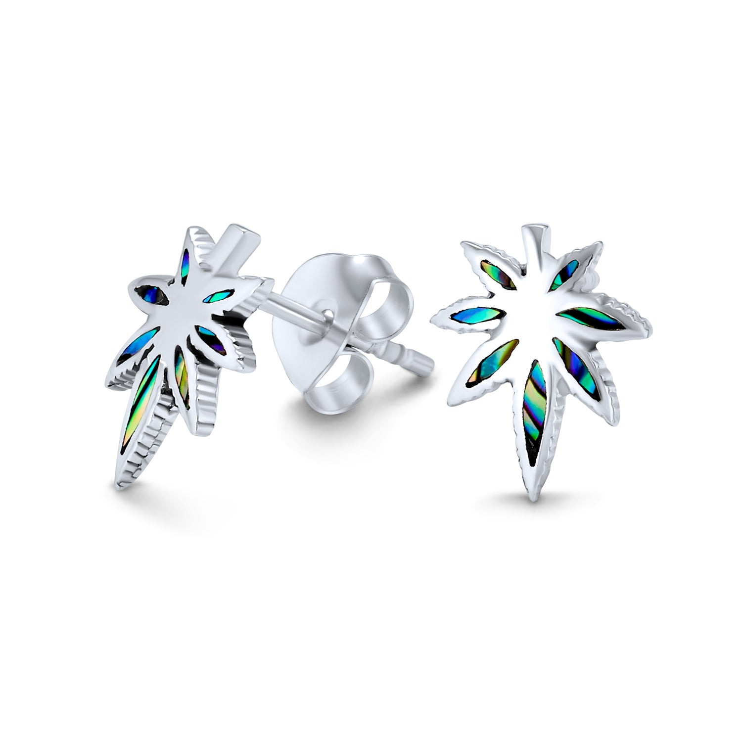 silver-earrings-studs-marijuana-abalone-leaf_eam-tsd5470-abl Rainbow Iridescent Abalone Shell Leaf Stud Earrings Sterling Silver Jewelry - Image 1