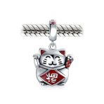 Japanese Maneki Neko Lucky Cat Dangle Charm Bead Red Enamel Sterling Silver - Image 3