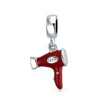 Stylists Salon Hair Dryer Dangle Charm Bead Red Enamel .925 Sterling Silver for Bracelet