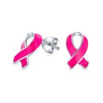 Breast Cancer Awareness Pink Ribbon Support Enamel Stud Earrings .925 Sterling Silver