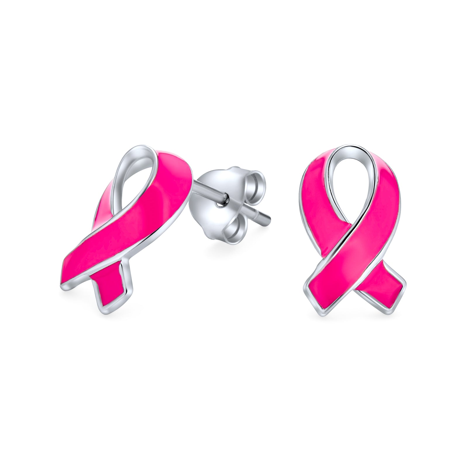 silver-enameled-breast-cancer-earrings_ch-arer05r_1 Breast Cancer Awareness Pink Ribbon Support Enamel Stud Earrings .925 Sterling Silver - Image 1