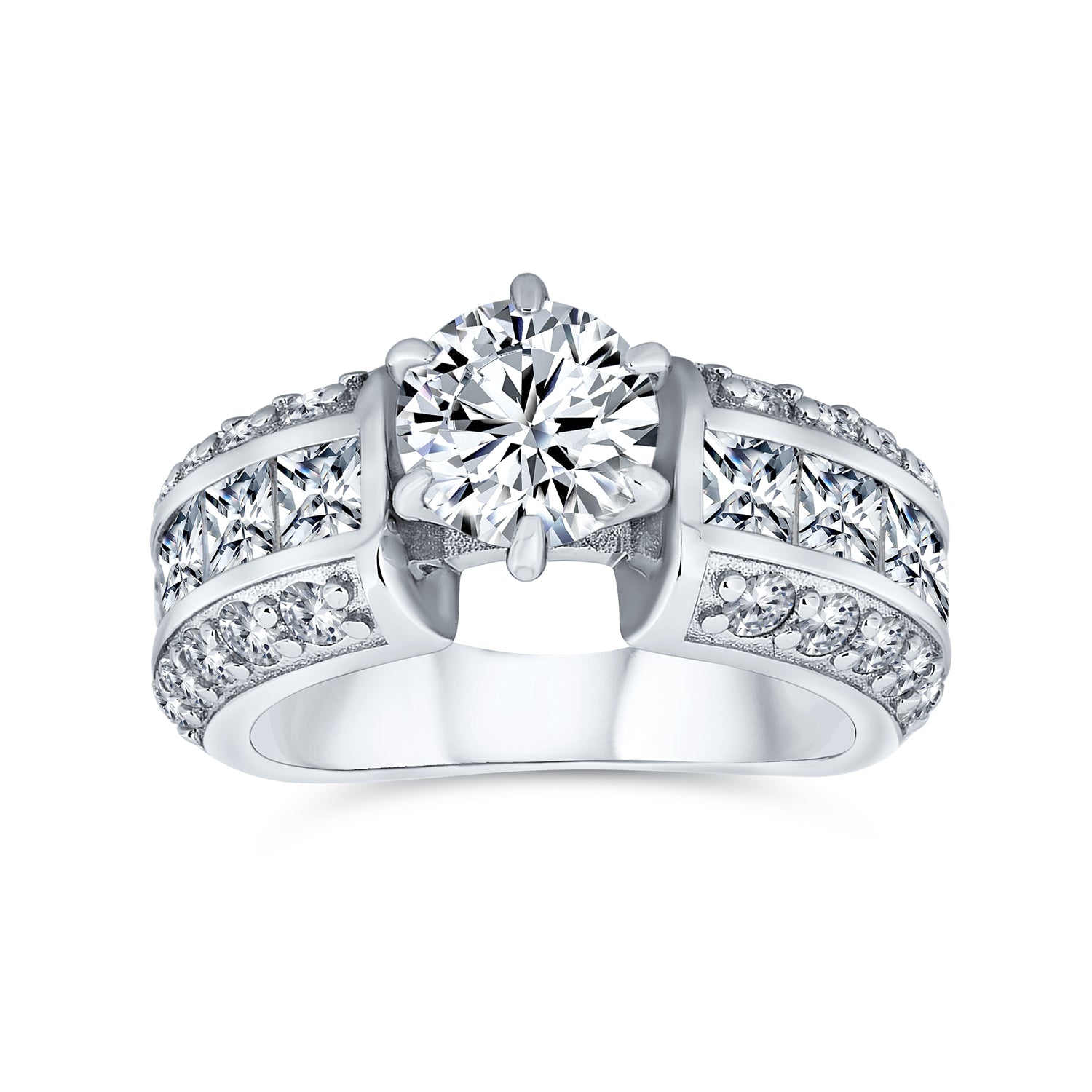 silver-engagement-ring-cz-round-wide-band-pk-solchanengag_2 Vintage Art Deco Style 2CTW CZ Round Solitaire Engagement Ring Band 3 Row Band .925 Sterling Silver - Image 1