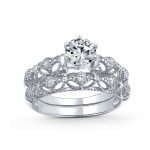 Vintage Style 1CT Round CZ Solitaire & Filigree Band Engagement Ring Set .925 Sterling Silver