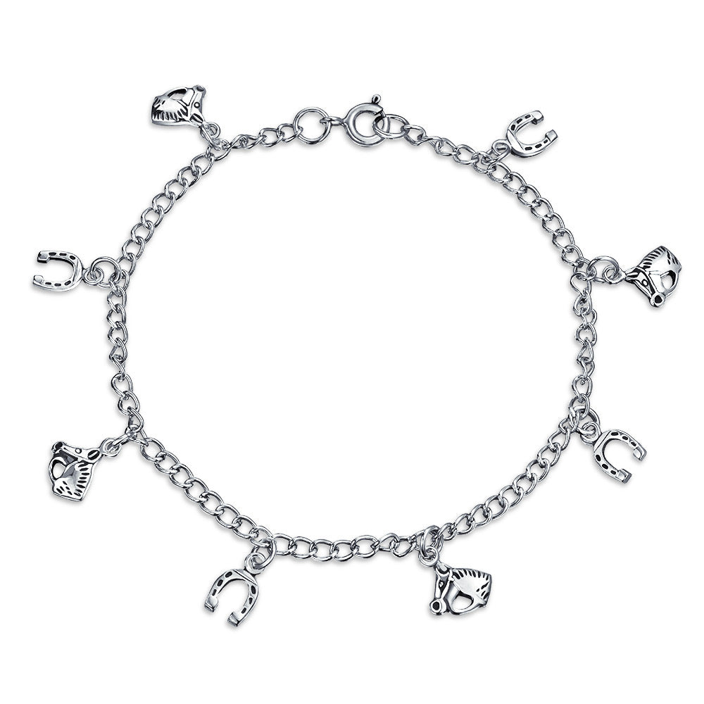 silver-equestrian-horse-charm-bracelet_pmr-c10612-az_1 Equestrian Good Luck Horseshoe Horses Dangle Charm Bracelet .925 Sterling Silver - Image 1