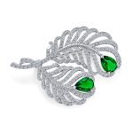 Classic Vintage Brooch Pin with CZ Peacock Feather and Green Emerald Teardrop