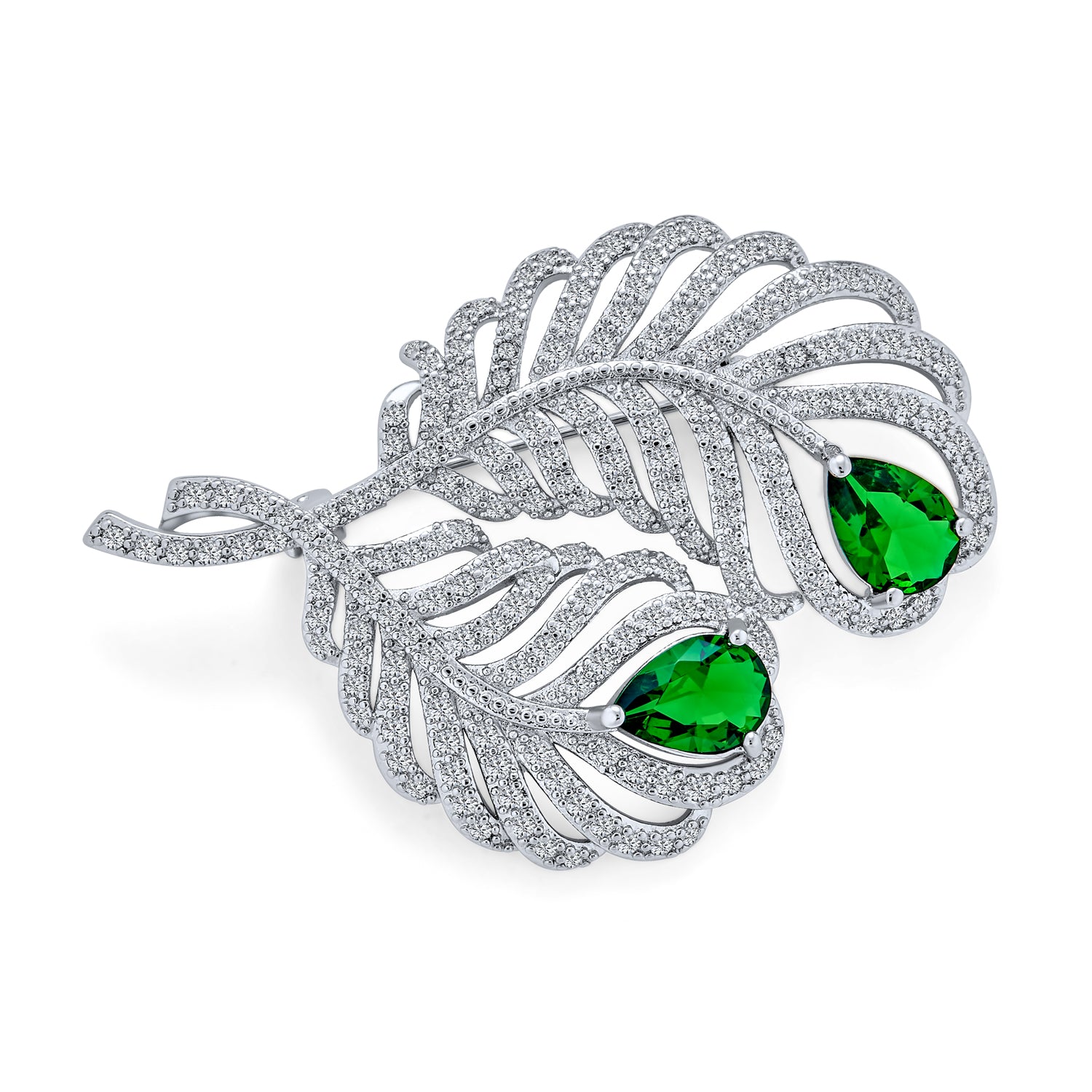 silver-feather-green-pin-cz-ml-yb10277_1 Classic Vintage Brooch Pin with CZ Peacock Feather and Green Emerald Teardrop - Image 1