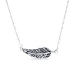 Native American Sideways Nature Leaf Feather Pendant Necklace Sterling Silver