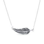 Native American Sideways Nature Leaf Feather Pendant Necklace Sterling Silver