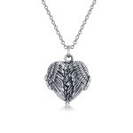 Vintage Style Guardian Angel Wing Heart Photo Locket Necklace Silver Pendant