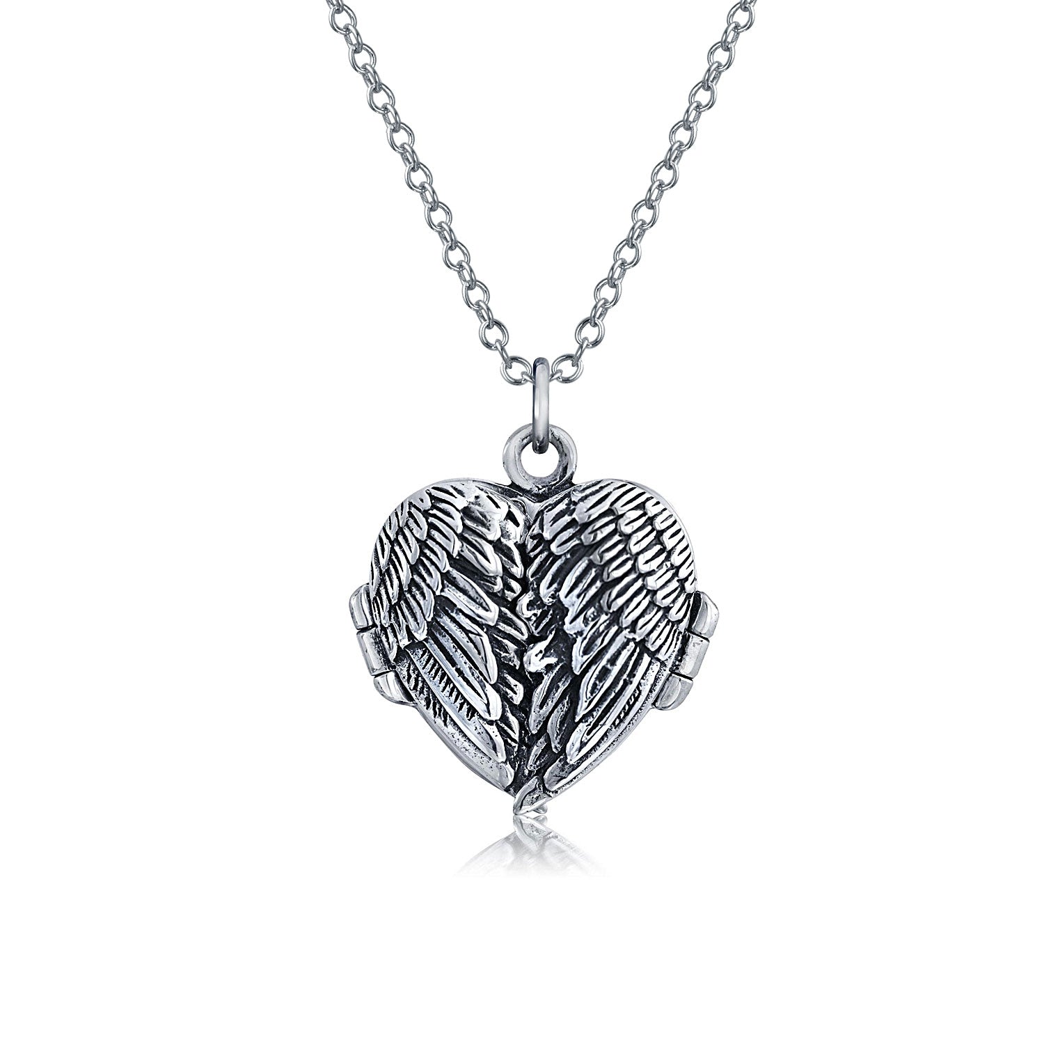 silver-feather-wing-open-heart_pmr-l10202r_1 Vintage Style Guardian Angel Wing Heart Photo Locket Necklace Silver Pendant - Image 1