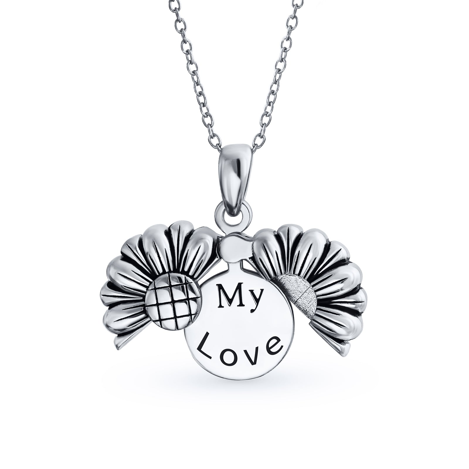 silver-flower-my-love-necklace-grw-p-3556-sml_11 Sterling Silver Sunflower Open Locket Pendant Necklace Floral Design “My Love” Inspirational Message - Image 1