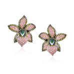 3D Floral Pave CZ Green Pink Orchid Flower Statement Earrings Cubic Zirconia Silver Plated - Image 2