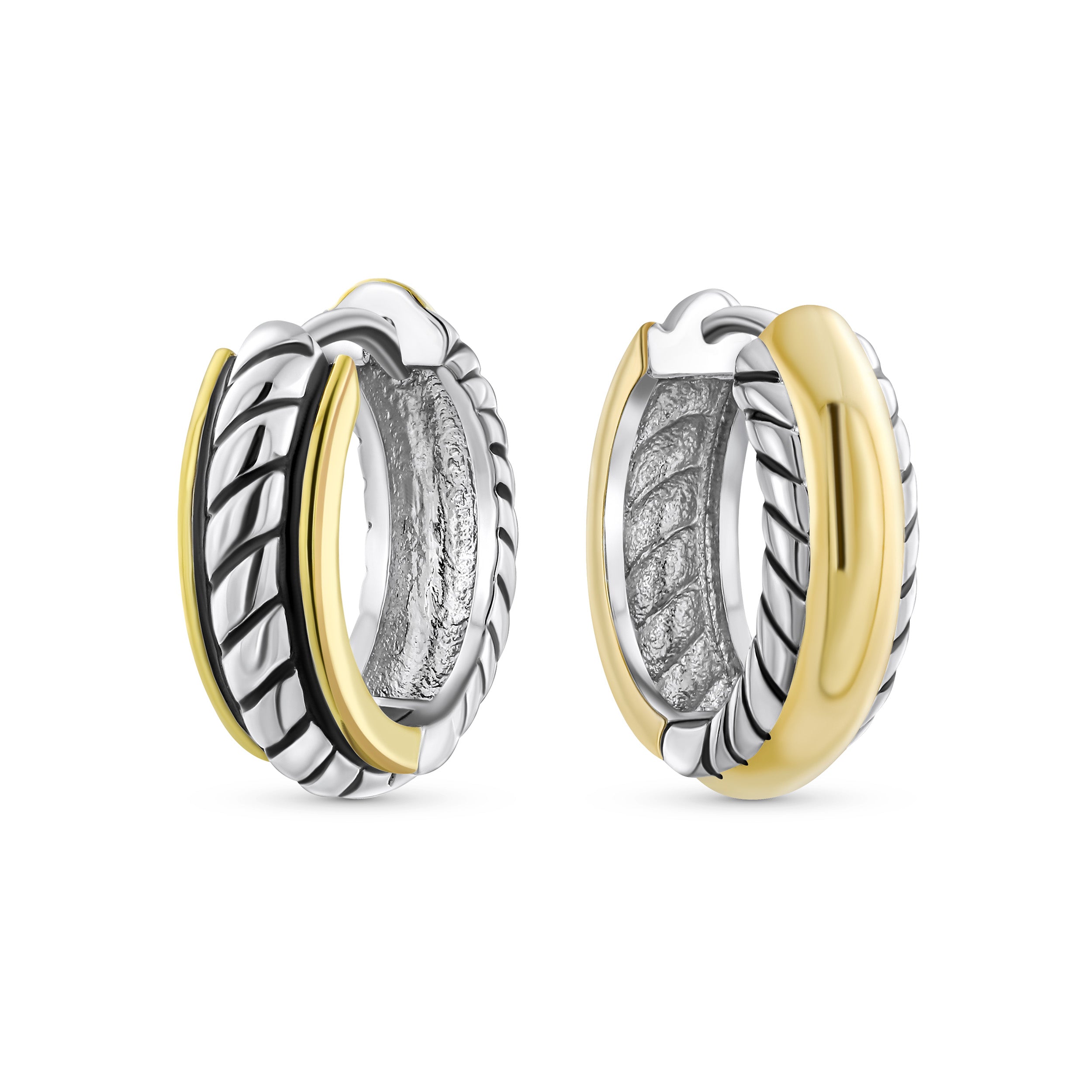 silver-gold-hoop-earring-rope-shn-e0039_11 Two Tone Twist Cable Rope Hoop Huggie Earrings for Men Gold & Silver Plated - Image 1