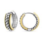 Two Tone Twist Cable Rope Hoop Huggie Earrings for Men Gold & Silver Plated - Image 2