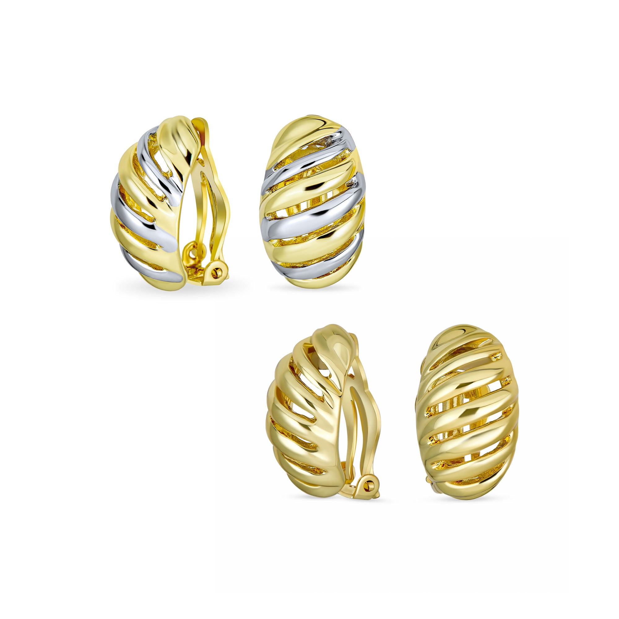 silver-gold-modern-two-tone-clip-earrings__ag-se-3206-set-az Set of 2 Twist Shrimp Half Hoop Clip-On Earrings Gold Silver - Image 1
