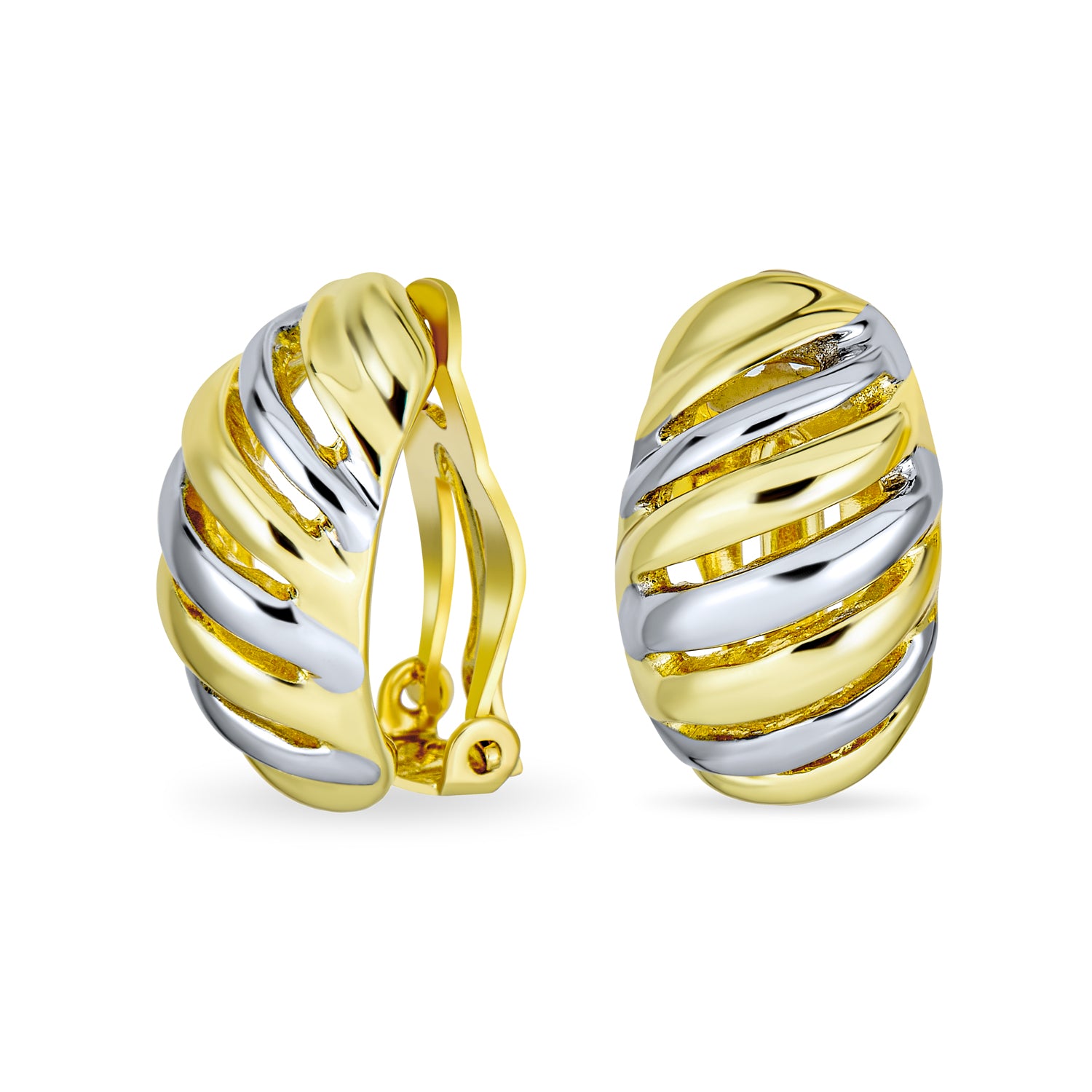 silver-gold-modern-two-tone-clip-earrings_ag-se-3206-cl_1 Grooved Twist Hoop Two Tone Dome Clip On Earrings Gold - Image 1