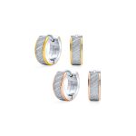 Set of 2 Carved Slashes Hoop Huggie Earrings Rose Gold Plated Stainless Steel