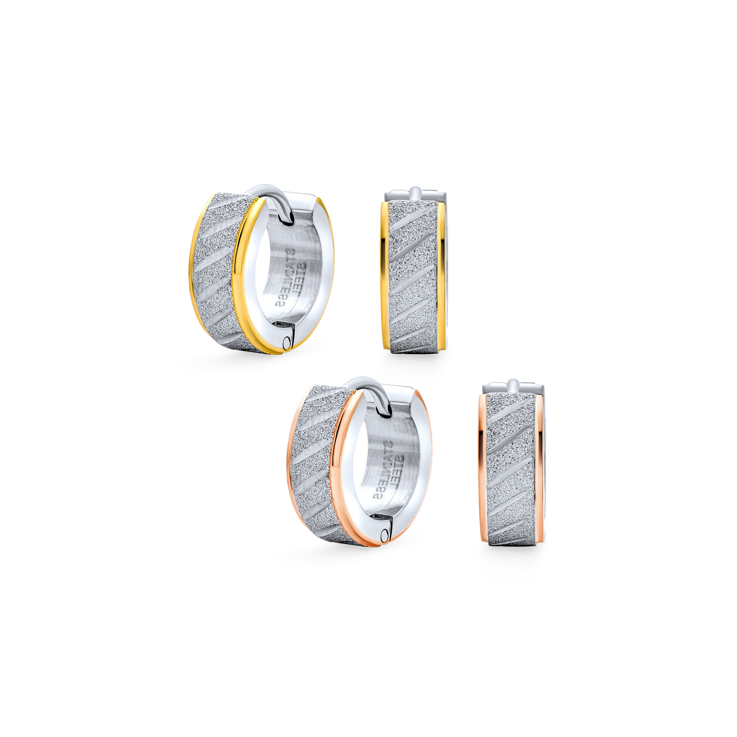 silver-gold-striped-huggie-sandblast-hoop-earrings-swk-e-02-3-set-az Set of 2 Carved Slashes Hoop Huggie Earrings Rose Gold Plated Stainless Steel - Image 1