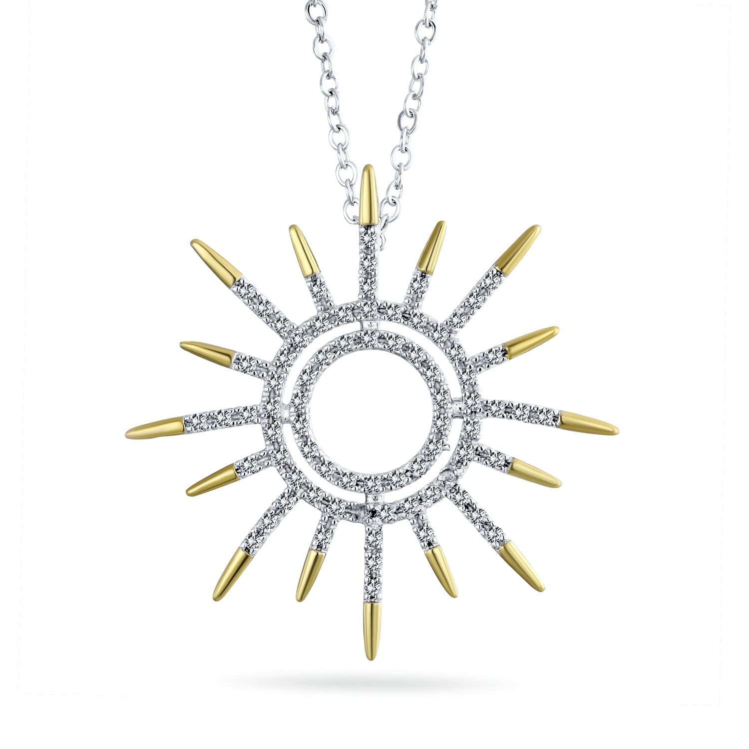 silver-gold-sun-necklace-pendant-hsh-hsp3416-az Summer Flaming Sunshine Starburst Micro Pave CZ Pendant Necklace Gold Plated - Image 1