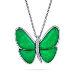 Nature Inspired Silver Plated Pendant Necklace Green Jade CZ Butterfly Accents
