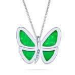 Nature Inspired Silver Plated Pendant Necklace Green Jade CZ Butterfly Accents - Image 2