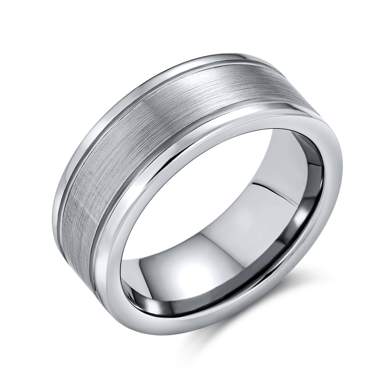 silver-grooved-matte-ring-tungsten_jh-jhtur1083_1 Unisex Titanium Wedding Band Ring Double Grooved Matte Center Silver Comfort Fit - Image 1