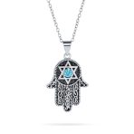 Hanukkah Judaic Magen Hamsa Star Pendant Necklace Blue Cubic Zirconia Silver