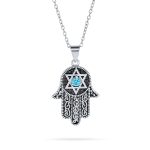 Hanukkah Judaic Magen Hamsa Star Pendant Necklace Blue Cubic Zirconia Silver