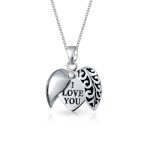 I Love You WORD Heart Locket Pendant Necklace Etched Sterling Silver
