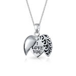 I Love You WORD Heart Locket Pendant Necklace Etched Sterling Silver