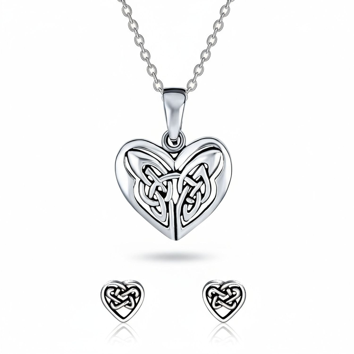 silver-heart-necklace-butterfly-heart-earring-ps-tp3490-set-az Celtic Infinity Knot Necklace & Heart Stud Earrings Set Oxidized Sterling Silver - Image 1