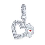 Heart Shape RN Cap Nurse Dangle Bead Charm For Charm Bracelet .925 Sterling Silver