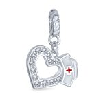 Heart Shape RN Cap Nurse Dangle Bead Charm For Charm Bracelet .925 Sterling Silver