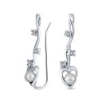 Heart White Freshwater Pearl Ear Cuff Cartilage Climbers in Sterling Silver