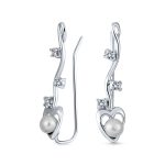 Heart White Freshwater Pearl Ear Cuff Cartilage Climbers in Sterling Silver