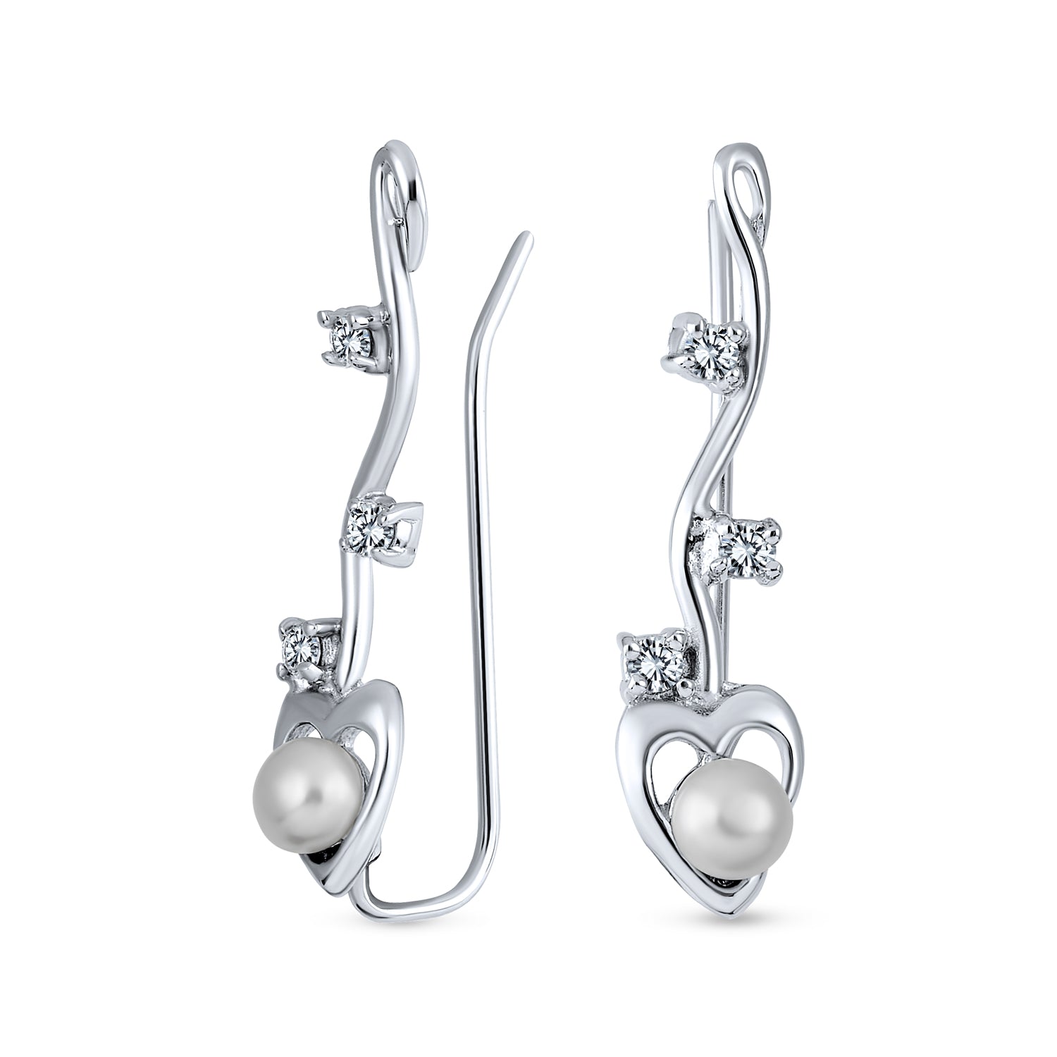 silver-heart-pearl-ear-pin_mdr-3719e-033_1 Heart White Freshwater Pearl Ear Cuff Cartilage Climbers in Sterling Silver - Image 1