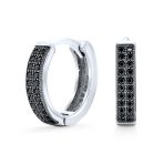 Black Pave CZ Hoop Earrings Slender Huggies Mini Hoop .925 Sterling Silver - Image 2