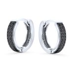 Black Pave CZ Hoop Earrings Slender Huggies Mini Hoop .925 Sterling Silver - Image 4