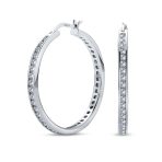 Black Cubic Zirconia Pave CZ Hoop Earrings Silver 1.5 Inch - Image 3