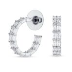 Bridal CZ Double Row Emerald Cut Hoop Earrings 1 Inch