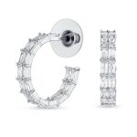 Bridal CZ Double Row Emerald Cut Hoop Earrings 1 Inch