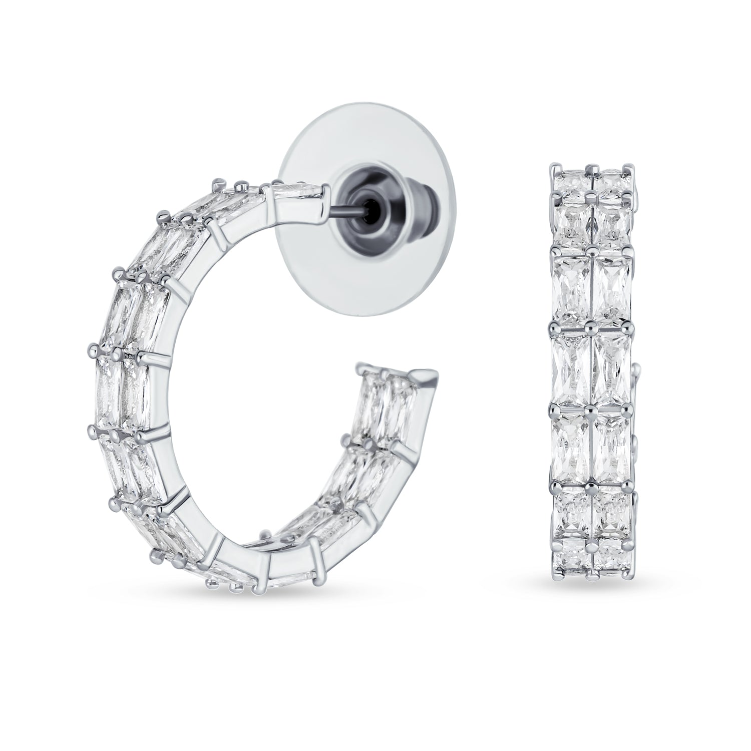 silver-hoop-cz-earrings-stud-round-ag-ez-7823si_1 Bridal CZ Double Row Emerald Cut Hoop Earrings 1 Inch - Image 1