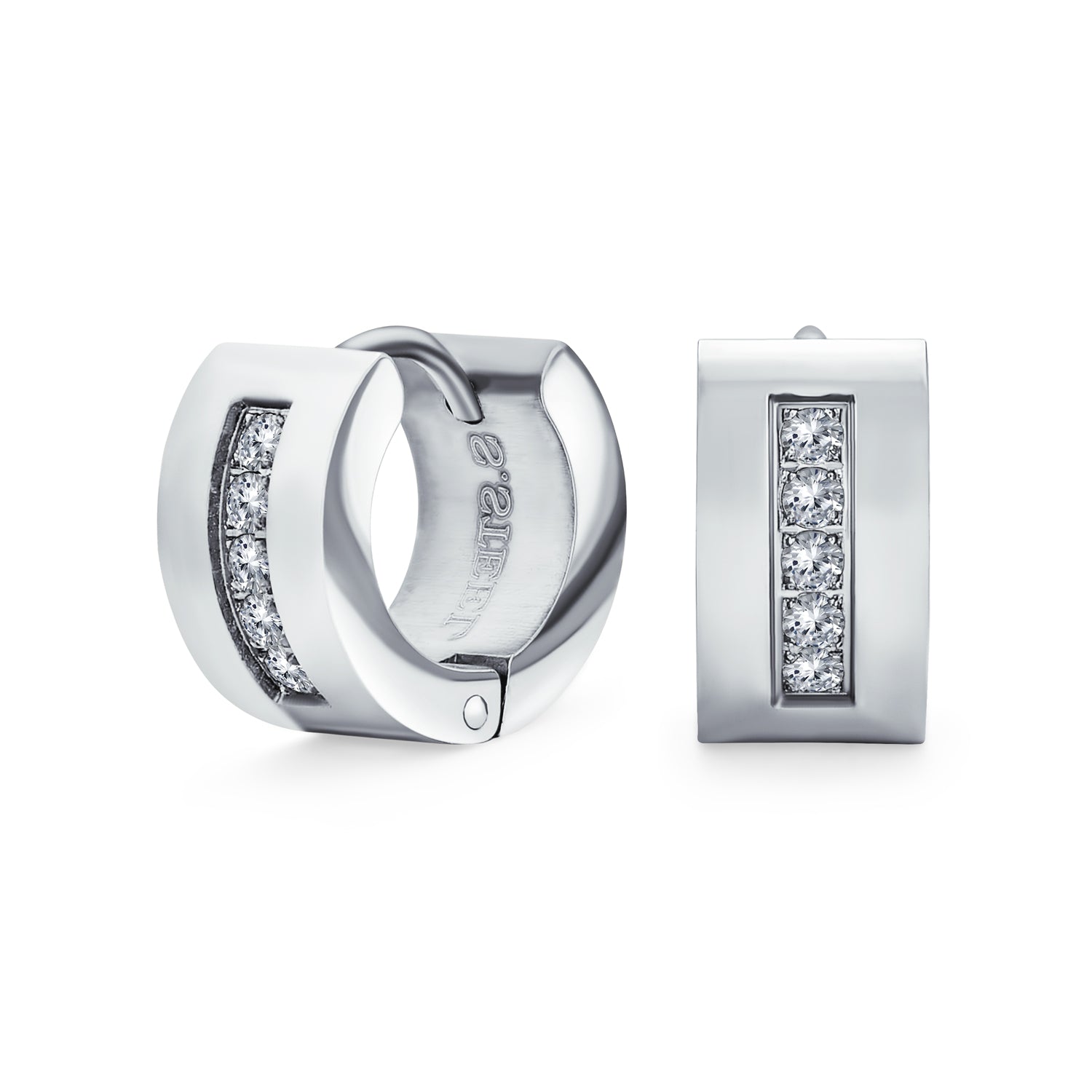 silver-huggie-hoop-pave-cz-earring-clear-cdl-e8138_1 Channel Set CZ Huggies Mini Hoop Earrings Row Gold or Black Stainless Steel - Image 1