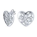 Heart Shaped Swirl Filigree Stud Earrings in Sterling Silver for Girlfriend