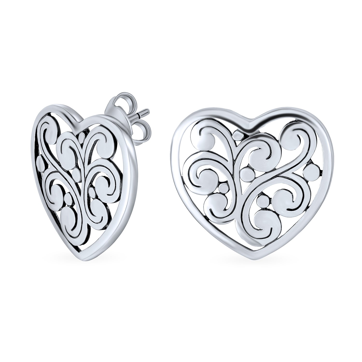 silver-large-filigree-heart-stud-earrings_pfs-12-5765_1 Heart Shaped Swirl Filigree Stud Earrings in Sterling Silver for Girlfriend - Image 1