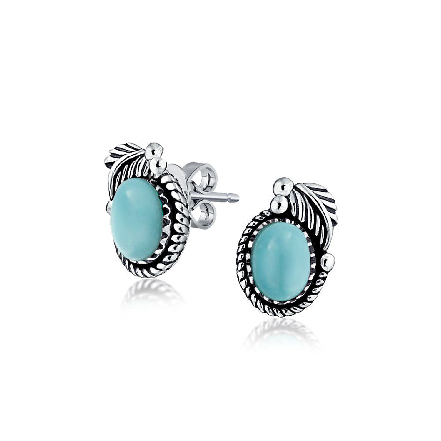 silver-larimar-leaf-stud-earrings_nk-enk0117-lr-az_1_1 Larimar Gemstone Bezel Leaf Rope Edged Stud Earrings Sterling Silver - Image 1