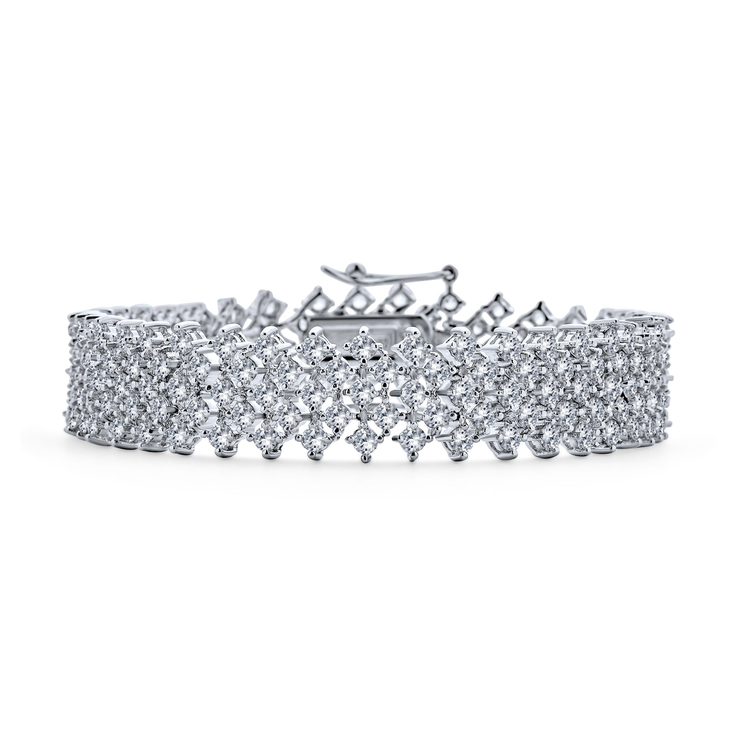 silver-lattice-link-cz-bridal-bracelet_ag-bz2549-si-az_1 Bridal Special Occasion Jewelry Multi Row Wide Cubic Zirconia CZ Statement Bracelet Silver Plated - Image 1