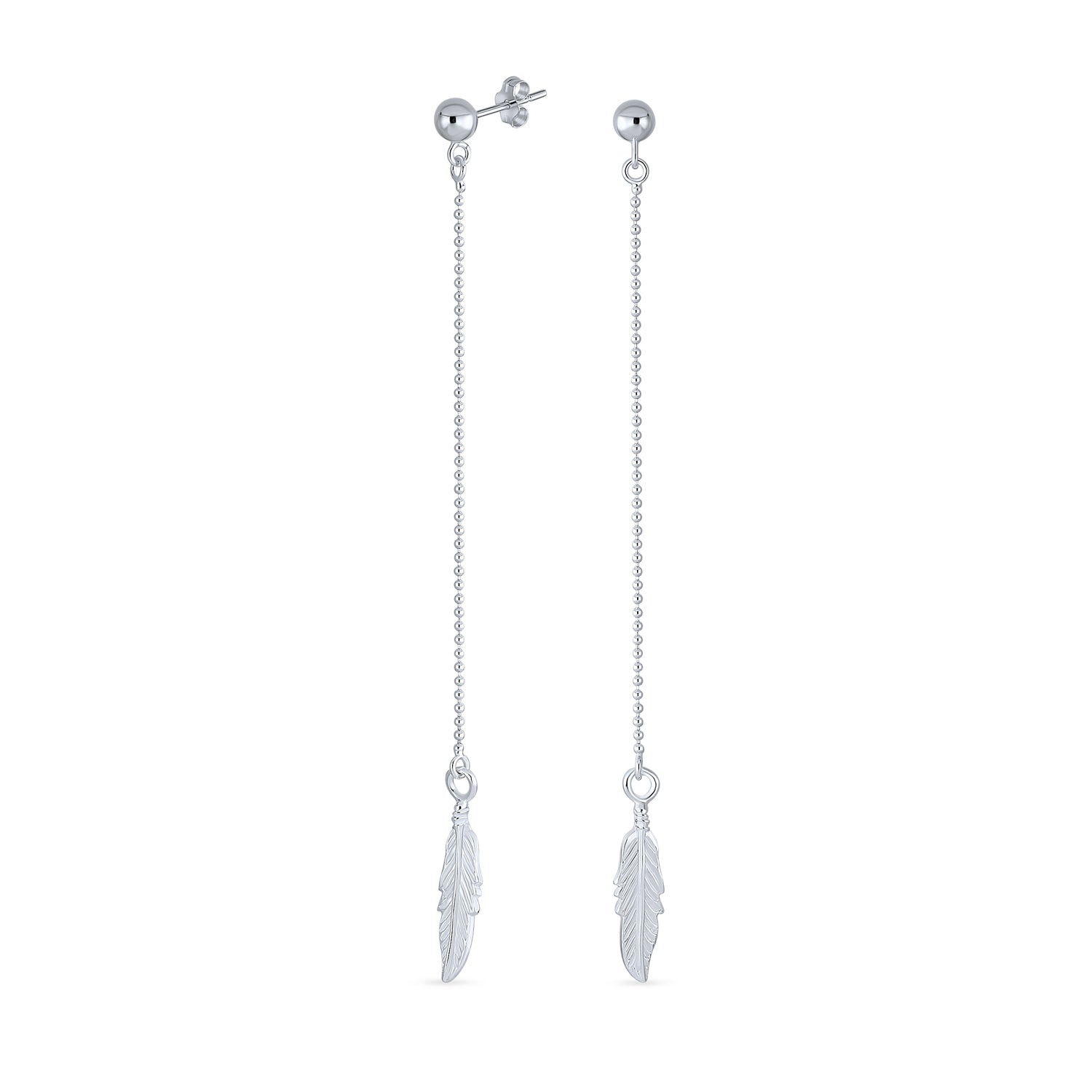 silver-leaf-feather-dangle-earrings-appl-a32509_1 Minimalist Long Linear Ball Chain Feather Leaf Earrings .925 Sterling Silver - Image 1