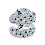 Green Eye Cubic Zirconia Cocktail Statement Ring Silver-Plated Panther Design - Image 2
